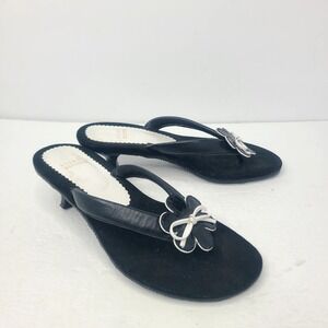 Stuart Weitzman Black Suede Kitten Heel Thong Sandals with Silver Bow Accent